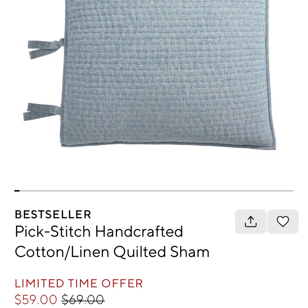 Pottery Barn pick stitch euro pillow sham new with tags. Color is chambray blue.